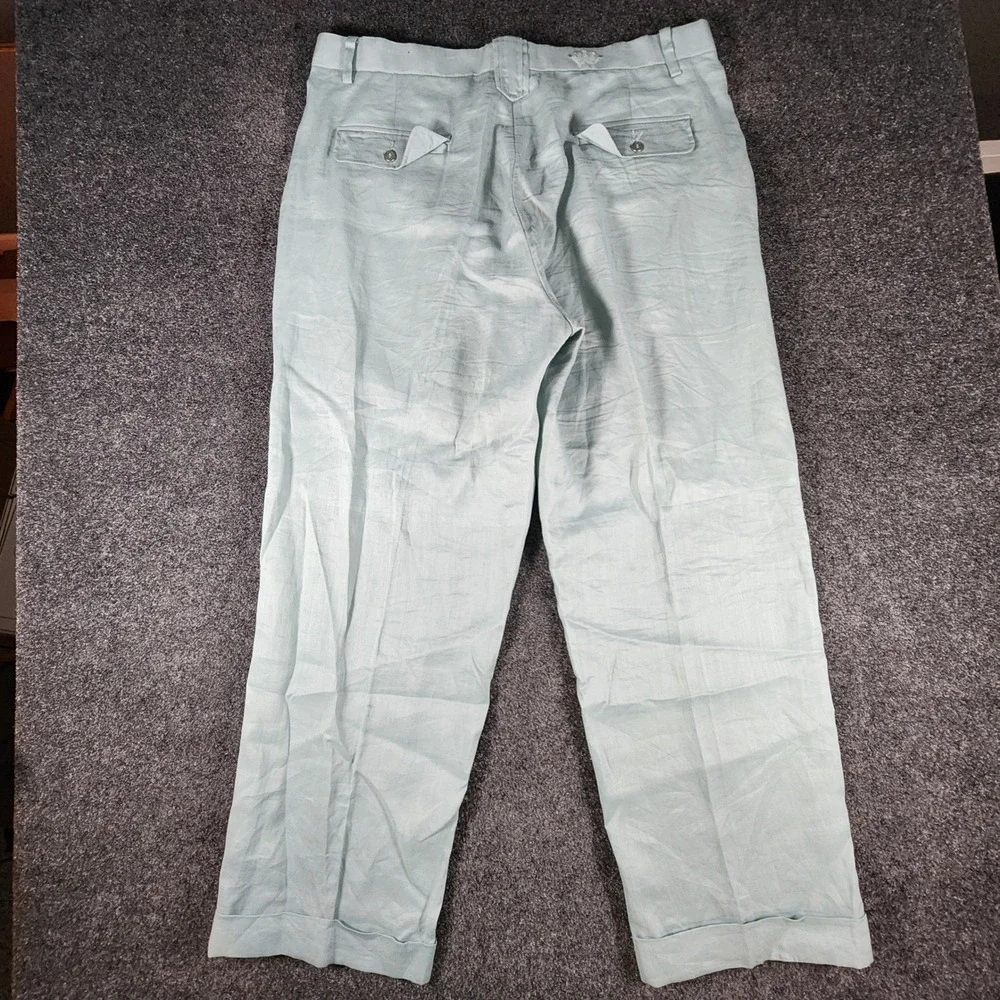 Steve Harvey 100% Linen Dress Pants Mens 40/34 Sage Green Pleated Cuffed Luxury